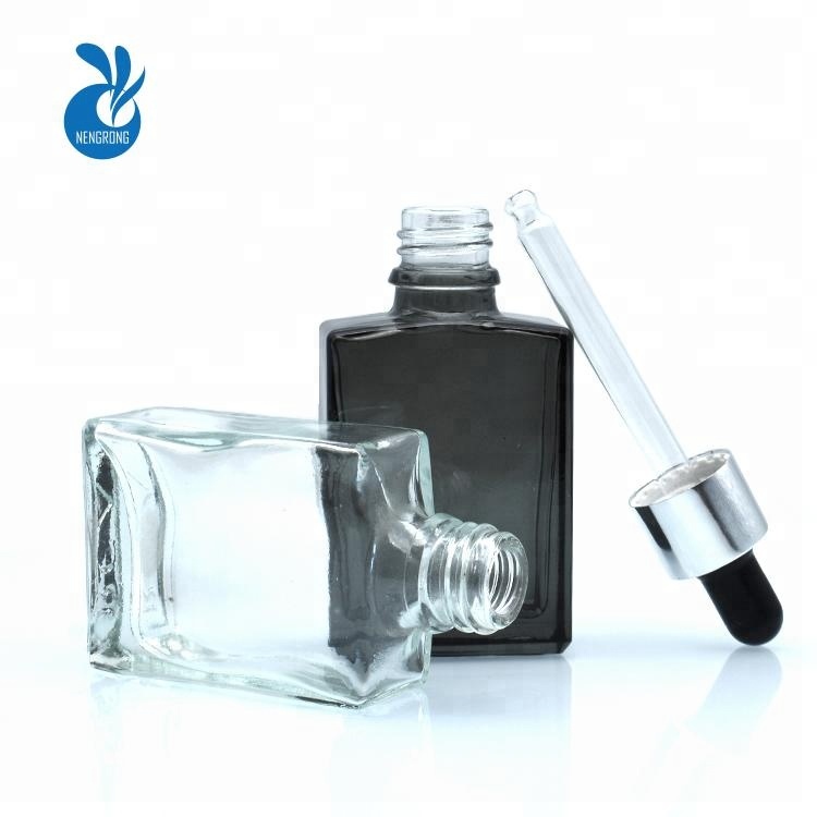 HOT SALE empty essential oil e liquid 15ml 30ml matte black rectangle glass dropper bottle with aluminum screw cap