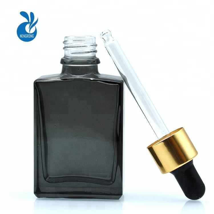 HOT SALE empty essential oil e liquid 15ml 30ml matte black rectangle glass dropper bottle with aluminum screw cap