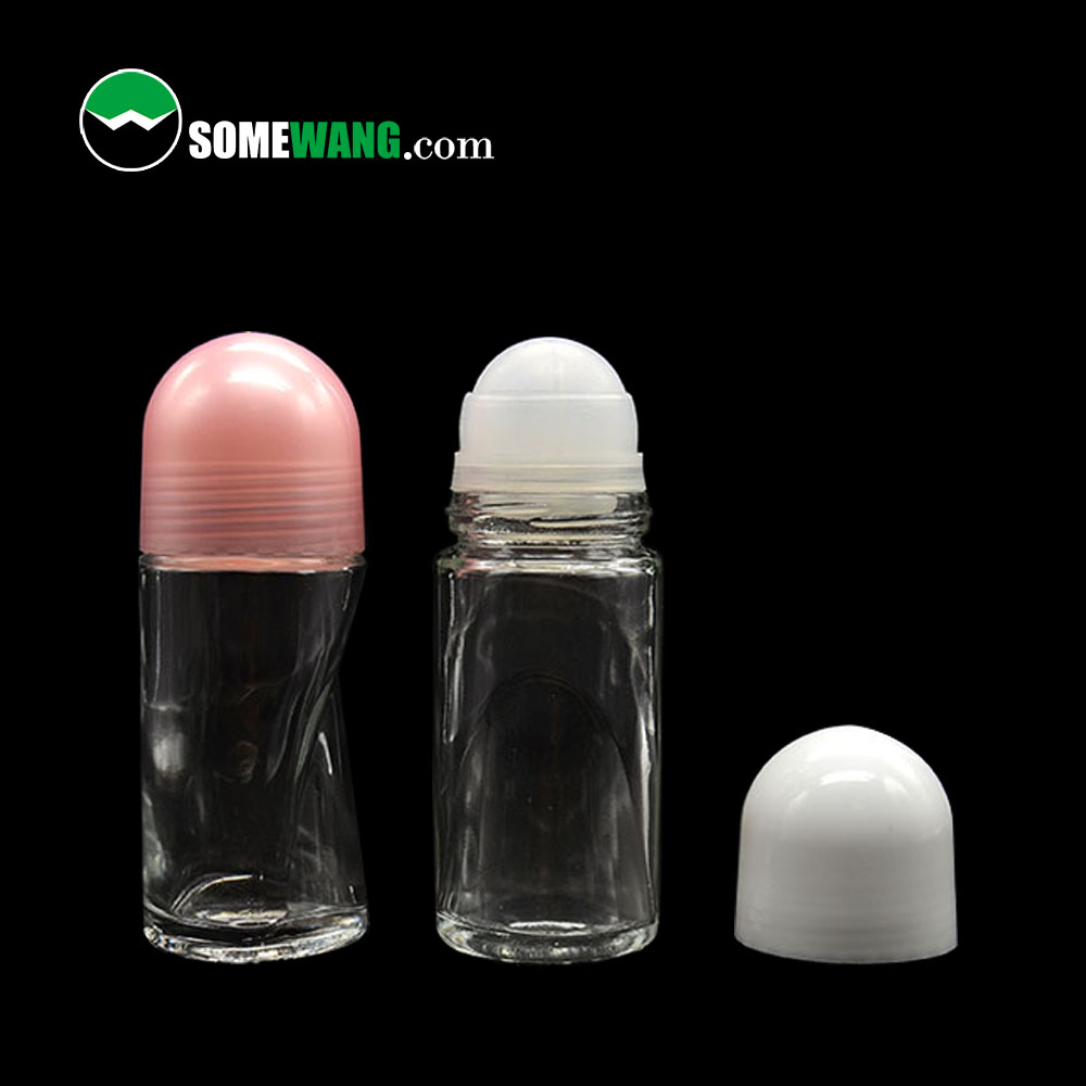 HOT SELL 50 ml fancy solid cosmetic deodorant roll on glass bottles for cosmetic packaging,empty glass roll on perfume bottle