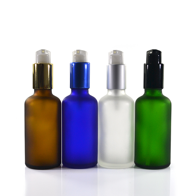 HXZ 30ml 50ml 60ml frosted blue green amber clear  empty bottles cosmetics travel glass  bottle with pump lotion cap