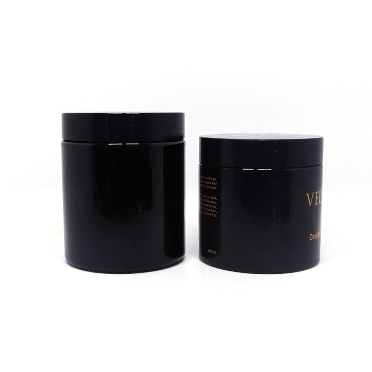 Hair product packaging cosmetic container 250ml solid black PET plastic 8oz jar with black lids