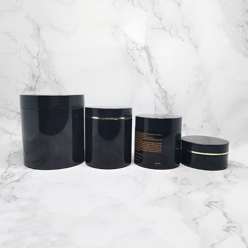 Hair product packaging cosmetic container 250ml solid black PET plastic 8oz jar with black lids