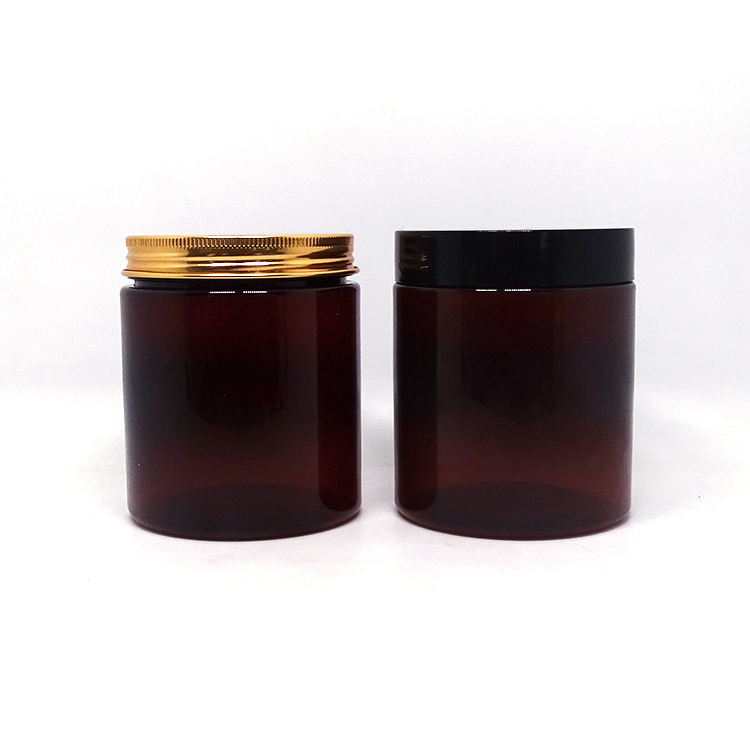 Hair products container amber pet plastic cosmetic jar 250 g with bronze metal lid