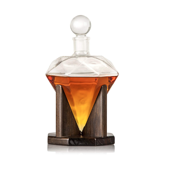 Hand Blown Diamond Custom Shaped Glass Bottle Custom Wood Stand Airtight Stopper Decorative Perfume