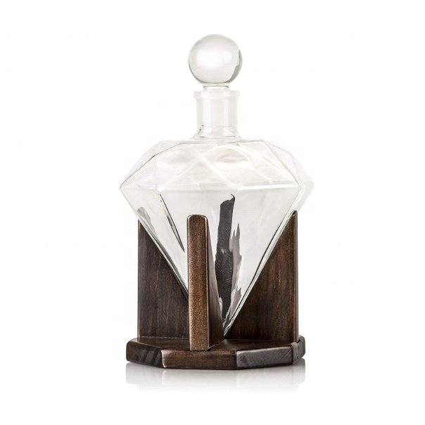 Hand Blown Diamond Custom Shaped Glass Bottle Custom Wood Stand Airtight Stopper Decorative Perfume