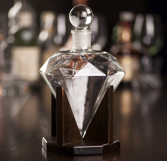 Hand Blown Diamond Custom Shaped Glass Bottle Custom Wood Stand Airtight Stopper Decorative Perfume