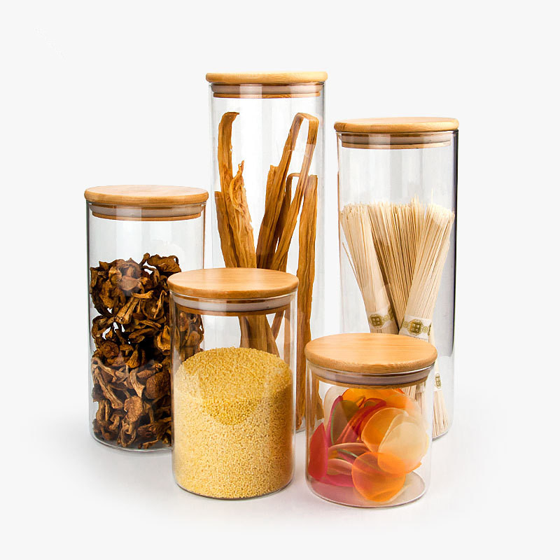 Hand Made Custom Design Empty 100oz Spice Glass Storage Jar Wood Lid