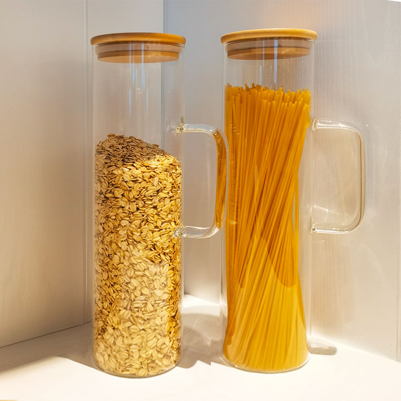 Hand blown borosilicate glass kitchen canister for spaghetti