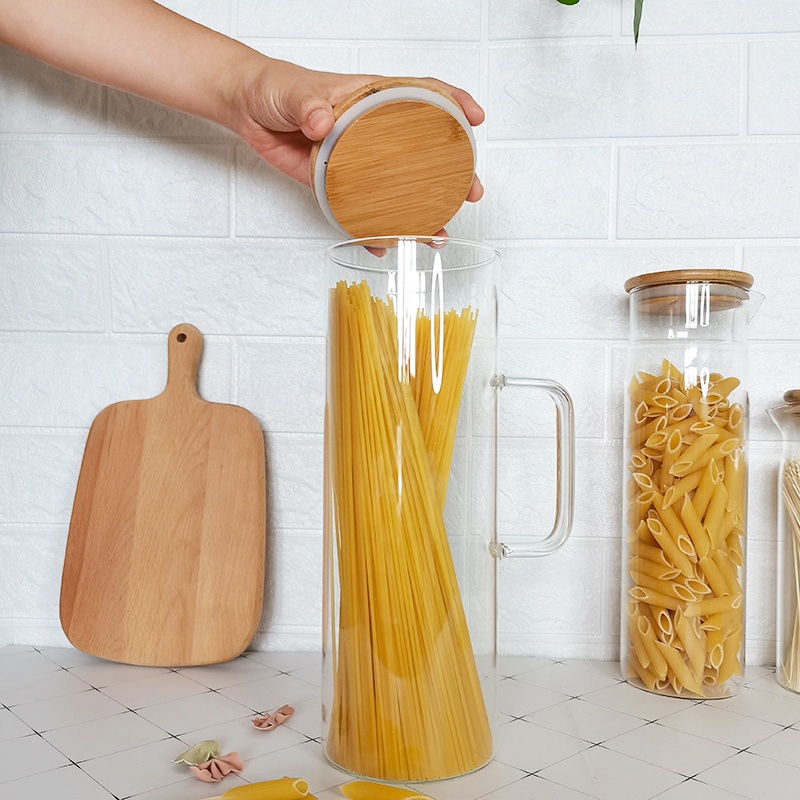 Hand blown borosilicate glass kitchen canister for spaghetti