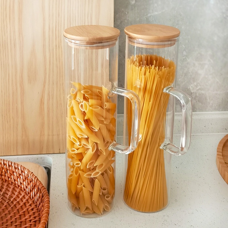 Hand blown borosilicate glass kitchen canister for spaghetti