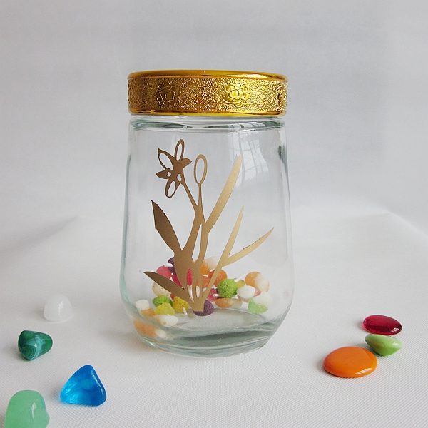 Hand painting unique shape clear glass storage jar with plastic lid