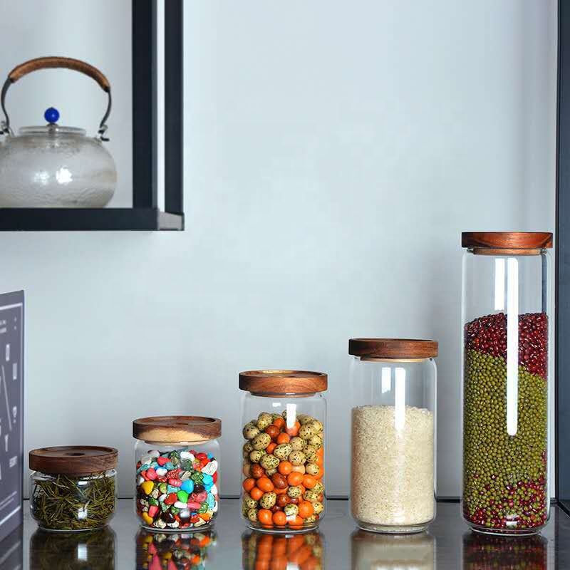 Handmade Borosilicate Stackable Glass Jar With Acacia Wood Lid For Food Storage