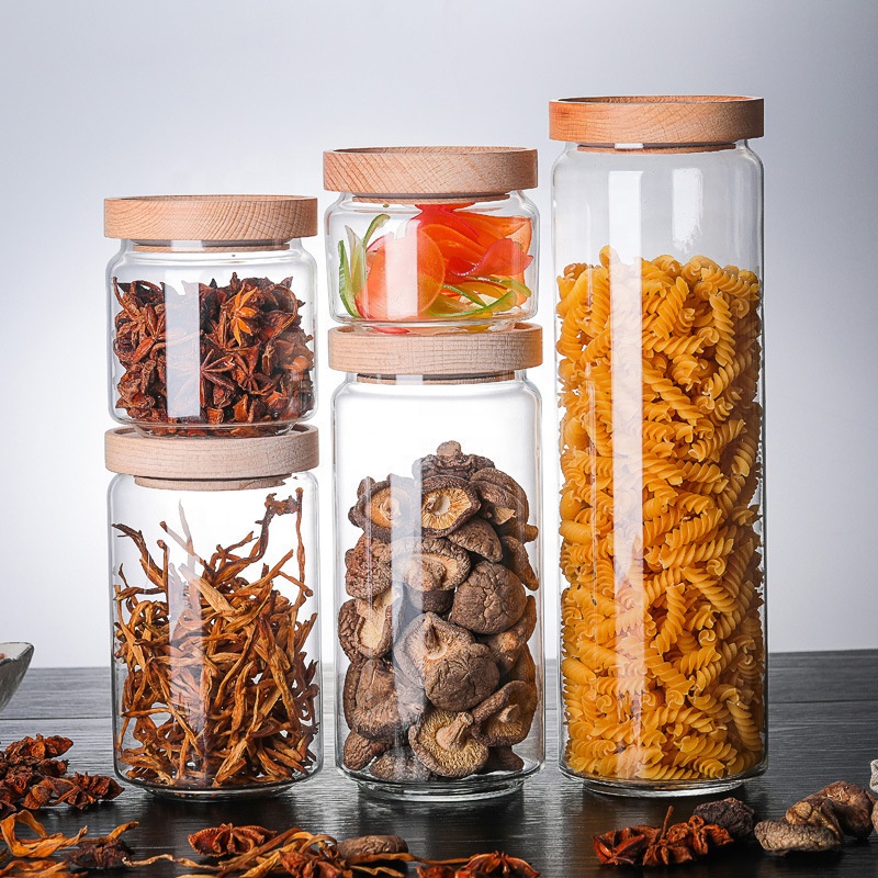 Handmade Borosilicate Stackable Glass Jar With Acacia Wood Lid For Food Storage
