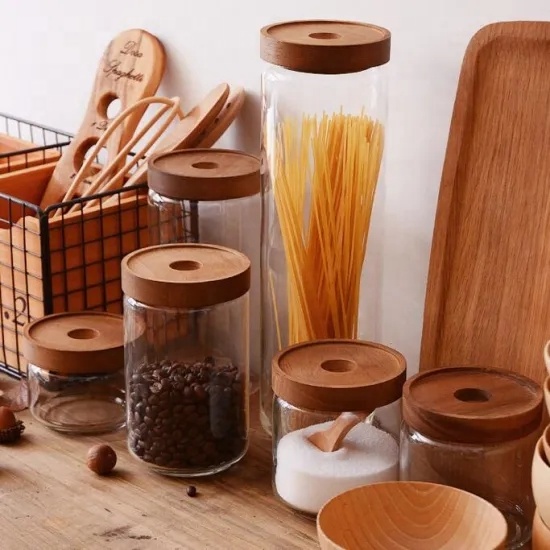 Handmade Borosilicate Stackable Glass Jar With Acacia Wood Lid For Food Storage