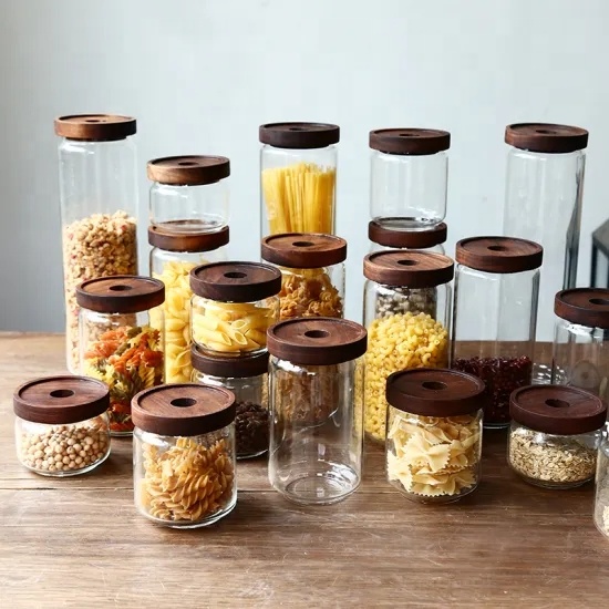Handmade Borosilicate Stackable Glass Jar With Acacia Wood Lid For Food Storage