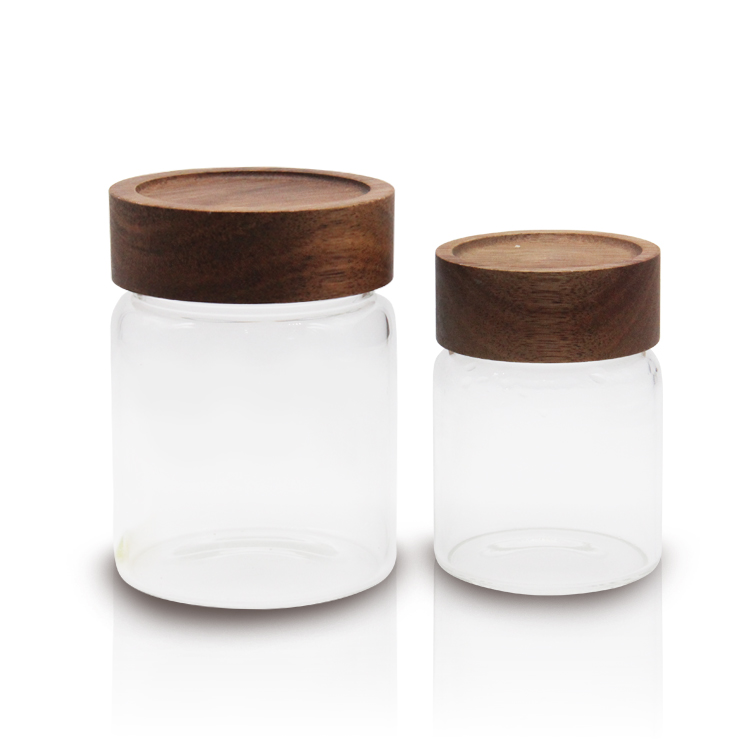 Handmade High Borosilicate Glass Cylinder Airtight Food Storage Container Canister Jar With Oak Wooden Lid