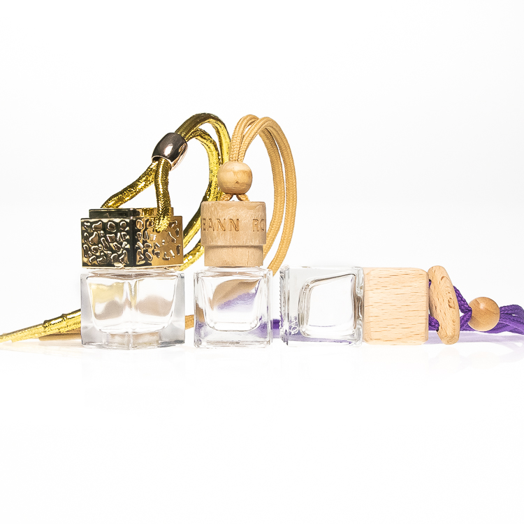 Hanging 10ml best seller square car perfume glass bottle with wooden metal lids rope