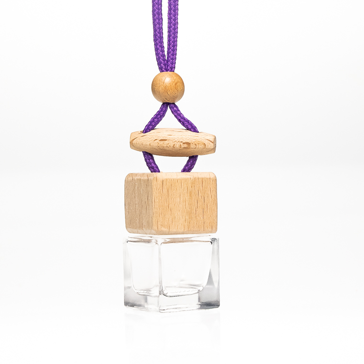 Hanging 10ml best seller square car perfume glass bottle with wooden metal lids rope