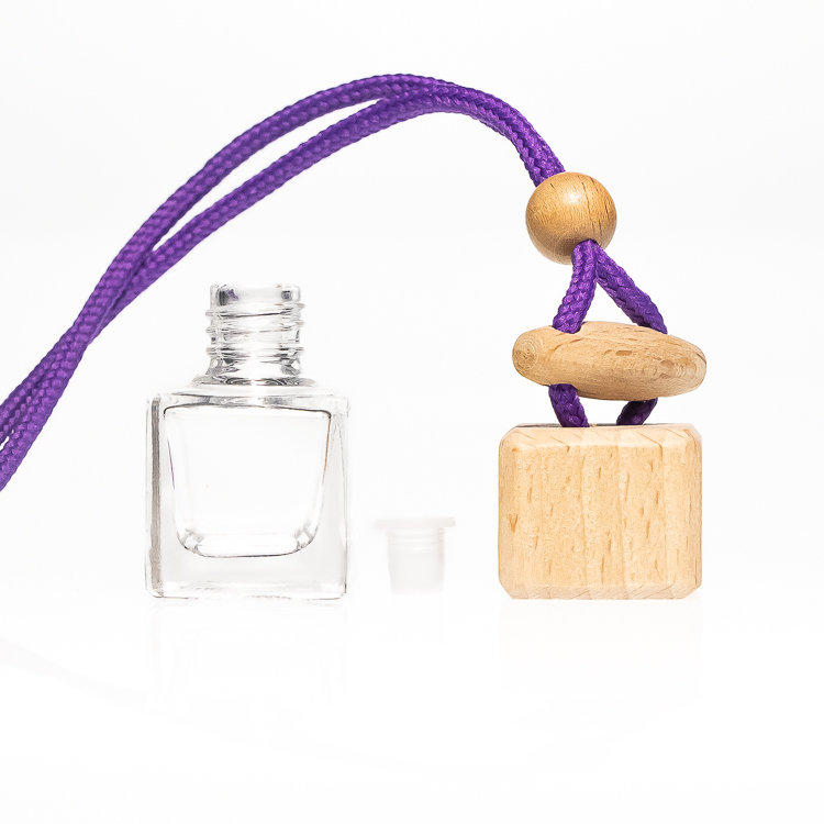 Hanging 10ml best seller square car perfume glass bottle with wooden metal lids rope