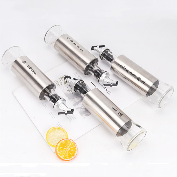 Healthy material 300ml prevent dripping kitchen storage glass bottle with stainless steel sleeve
