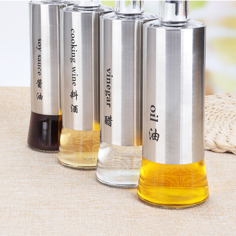 Healthy material 300ml prevent dripping kitchen storage glass bottle with stainless steel sleeve