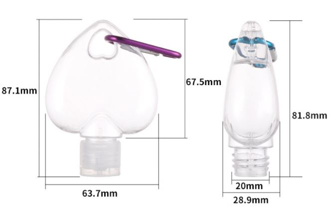 Heart Shape Hot Selling Empty 30ml 50ml 60ml 100ml Hand Sanitizer Bottle with Keychain Carabiner