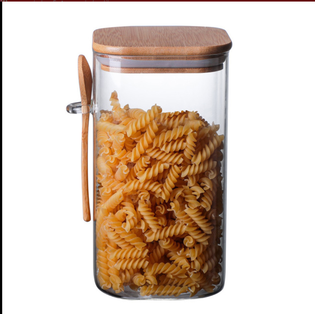 Heat Resistant Borosilicate Glass Square Food Storage Jar With Bamboo Lid and Spoon