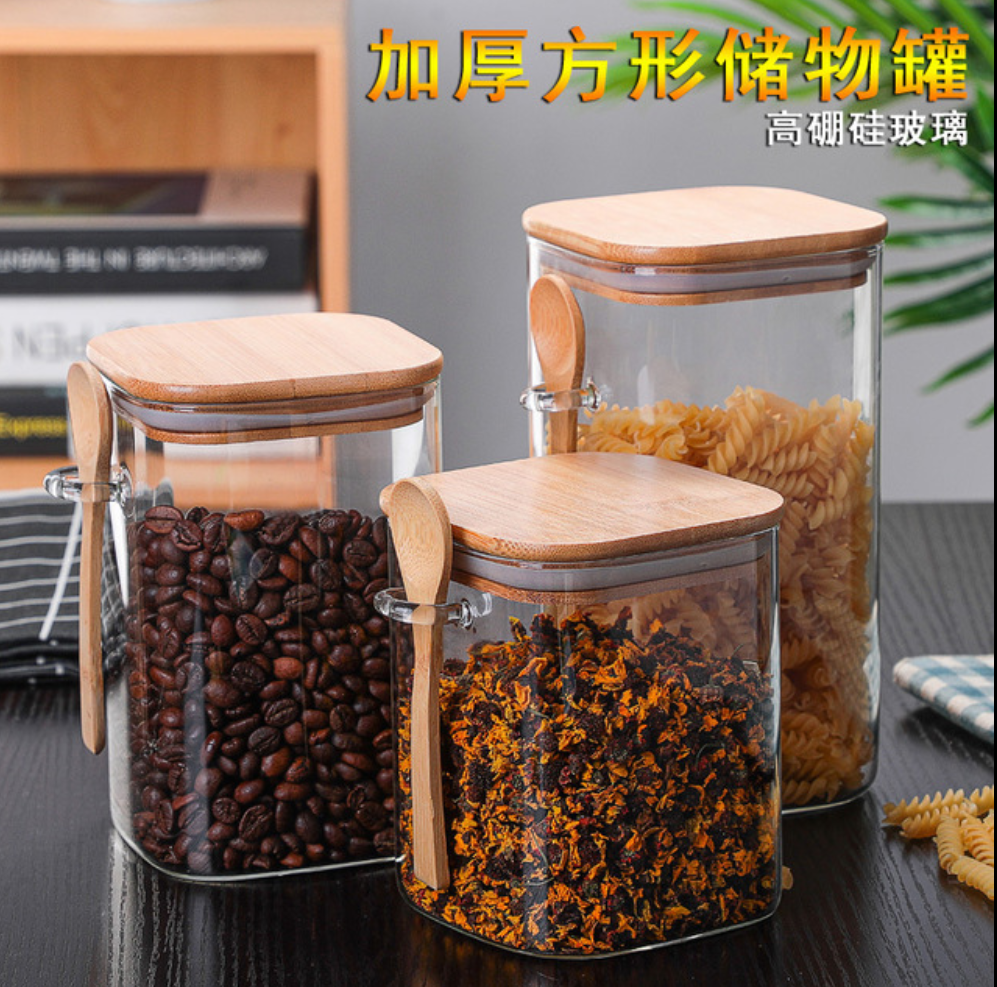 Heat Resistant Borosilicate Glass Square Food Storage Jar With Bamboo Lid and Spoon