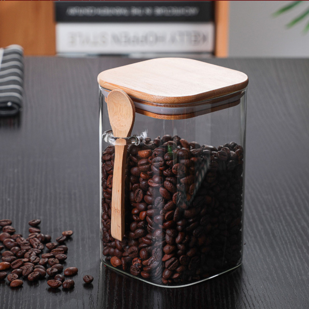Heat Resistant Borosilicate Glass Square Food Storage Jar With Bamboo Lid and Spoon