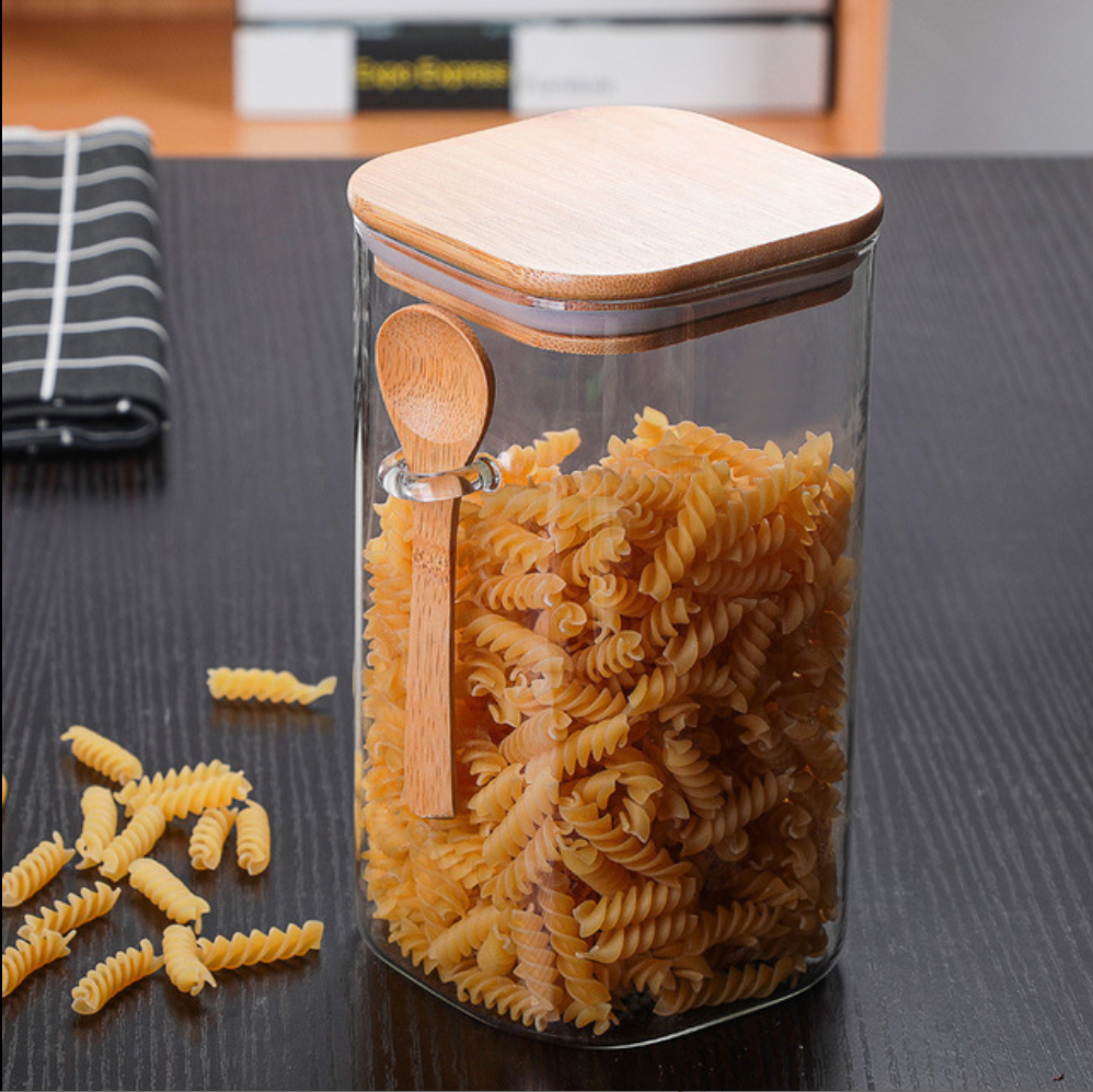 Heat Resistant Borosilicate Glass Square Food Storage Jar With Bamboo Lid and Spoon