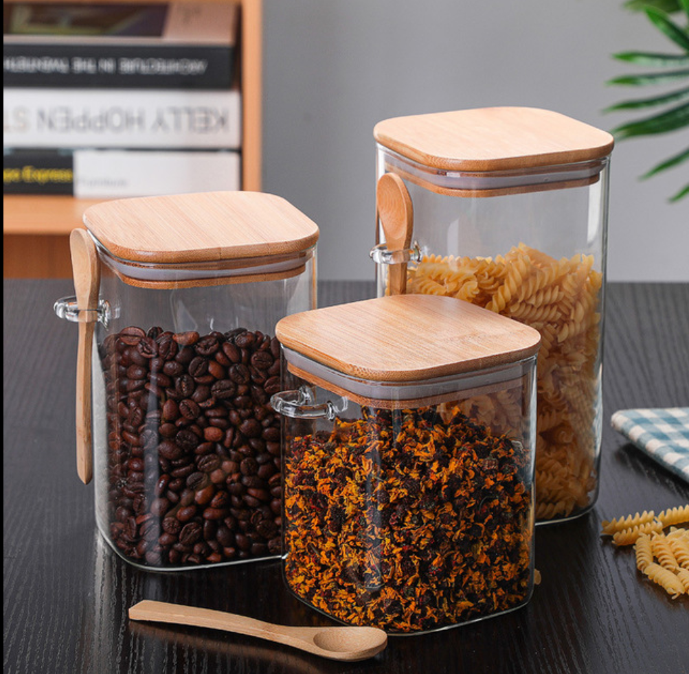 Heat Resistant Borosilicate Glass Square Food Storage Jar With Bamboo Lid and Spoon