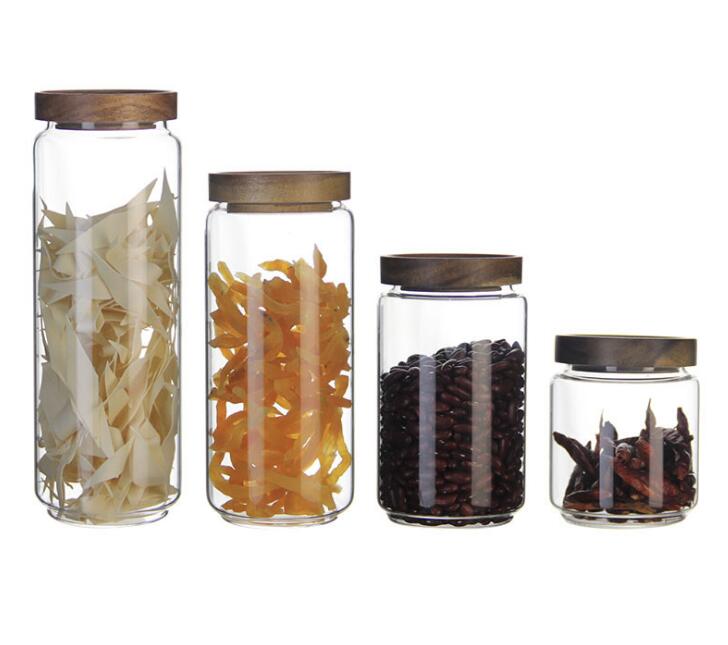 Heat Resistant Glass Jar Of 5 Packs With Wood Lids Hermetic Food Canister For Grains Nuts Kitchen Spice