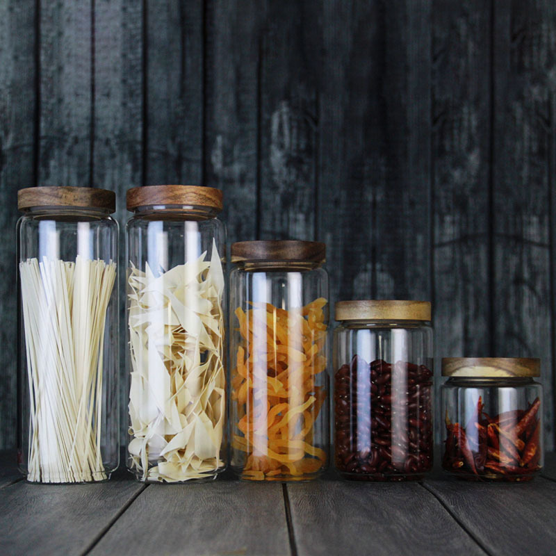 Heat Resistant Glass Jar Of 5 Packs With Wood Lids Hermetic Food Canister For Grains Nuts Kitchen Spice
