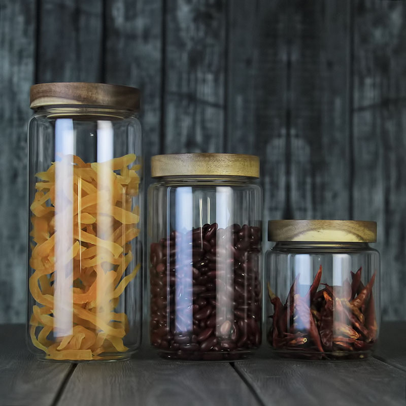 Heat Resistant Glass Jar Of 5 Packs With Wood Lids Hermetic Food Canister For Grains Nuts Kitchen Spice
