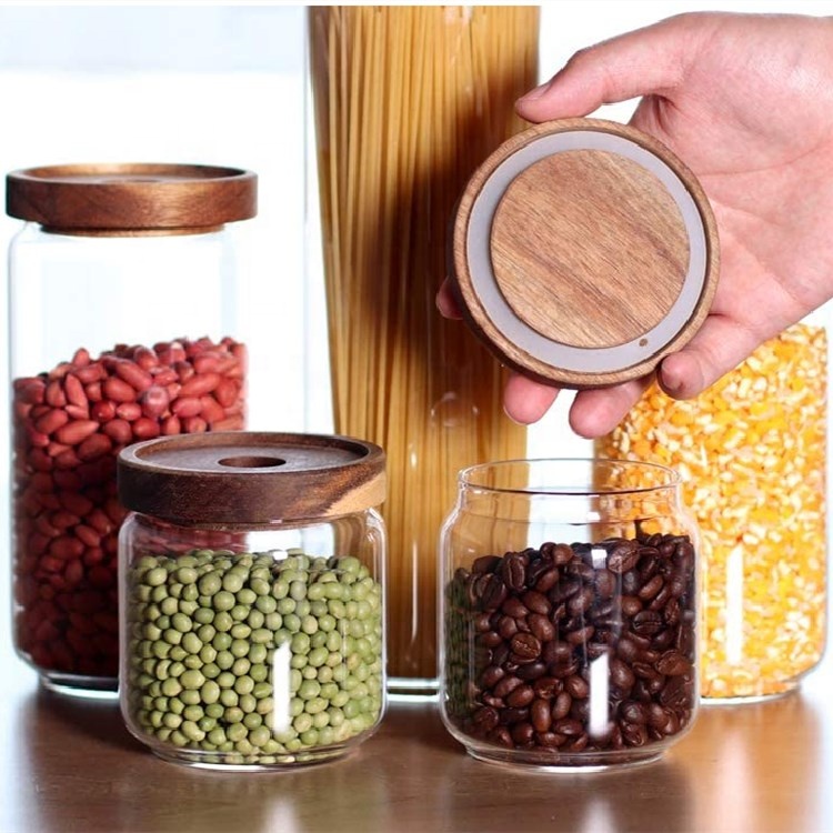 Heat Resistant High Borosilicate Glass Storage Containers Jars with Acacia Wood Lid