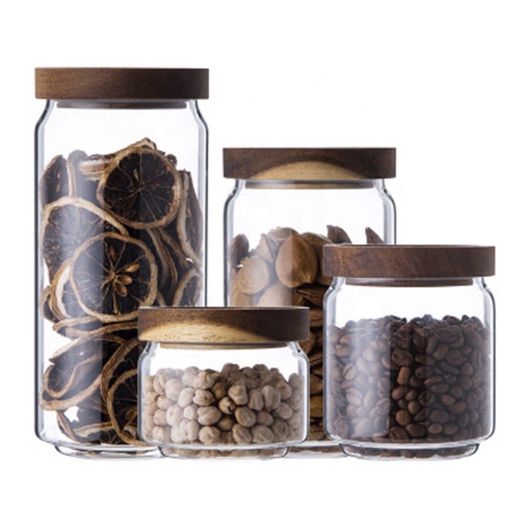 Heat Resistant High borosilicate glass food storage jar with acacia wood lid