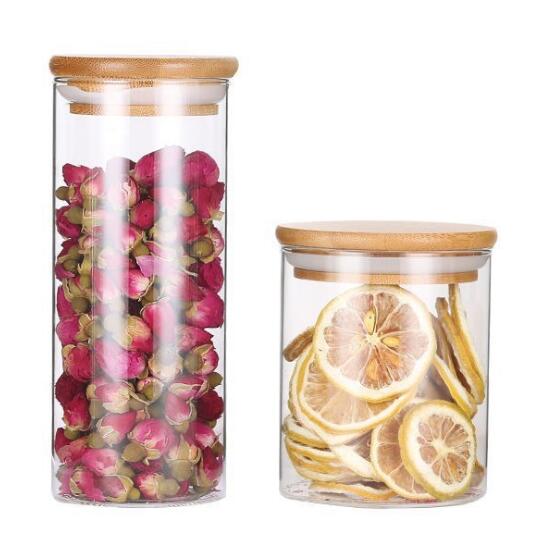 Heat Resistant Wholesale Airtight Canisters With Bamboo Cover Clear Glass Jars Food Storage Containers Serving For Pantry Tea