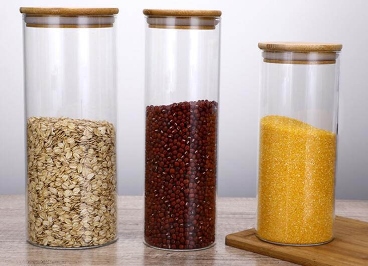 Heat Resistant Wholesale Airtight Canisters With Bamboo Cover Clear Glass Jars Food Storage Containers Serving For Pantry Tea