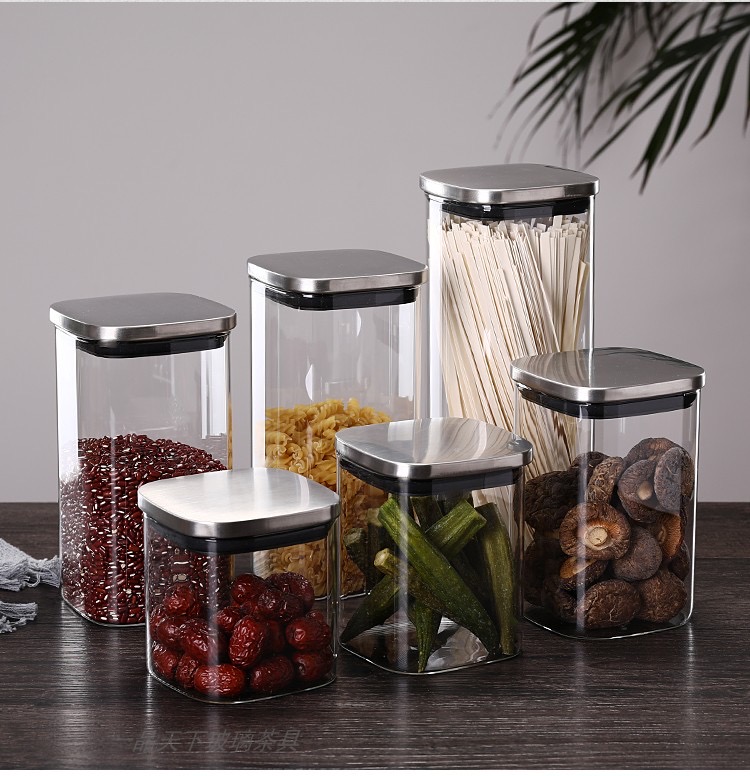 Heat-Resisted High Borosilicate Glass Dust-Proof Moistureproof Canister with Stainless Steel Lid for Storage