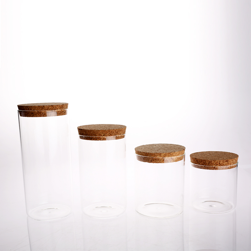 Heat-Resisted High BorosilicateDifferent Size Round shape Glass Canister with Cork  Lid for Storage