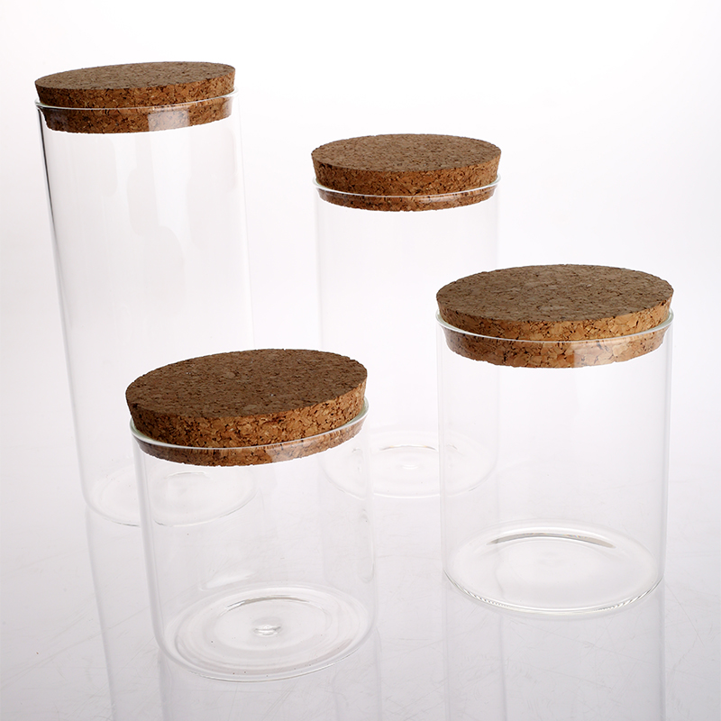 Heat-Resisted High BorosilicateDifferent Size Round shape Glass Canister with Cork Lid for Storage