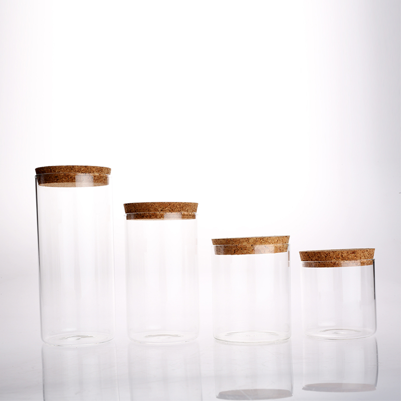 Heat-Resisted High BorosilicateDifferent Size Round shape Glass Canister with Cork Lid for Storage