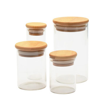 Heat resistant 1 4 6 8 oz candy foods rubber sealed wooden lid air tight storage containers glass jar with bamboo lid