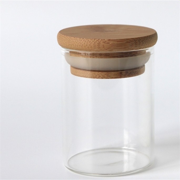 Heat resistant 2 4 6 8 oz candy foods rubber sealed wooden lid air tight storage containers glass jar with bamboo lid