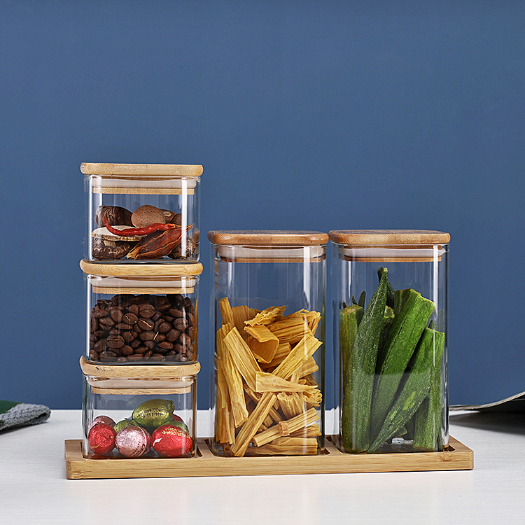 Heat- resistant Square borosilicate Glass storage Jar With Bamboo wooden Lid