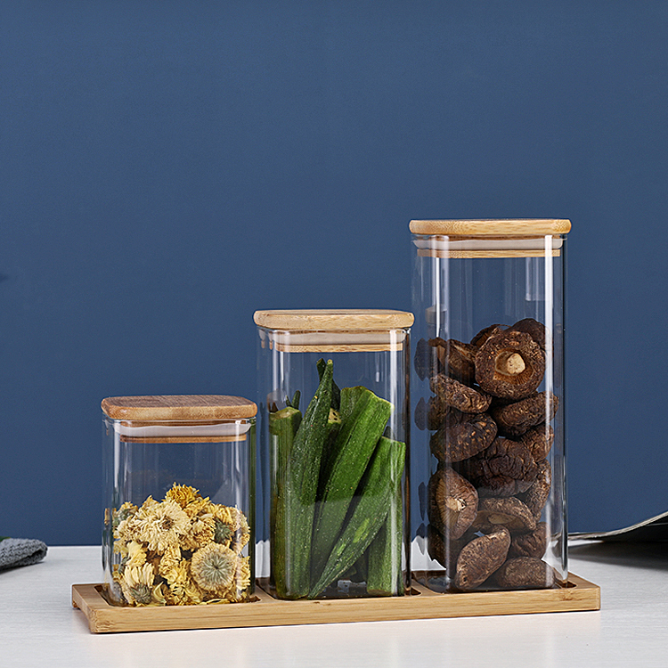 Heat- resistant Square borosilicate Glass storage Jar With Bamboo wooden Lid