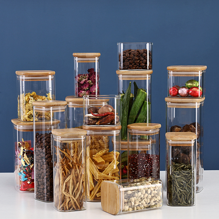Heat- resistant Square borosilicate Glass storage Jar With Bamboo wooden Lid