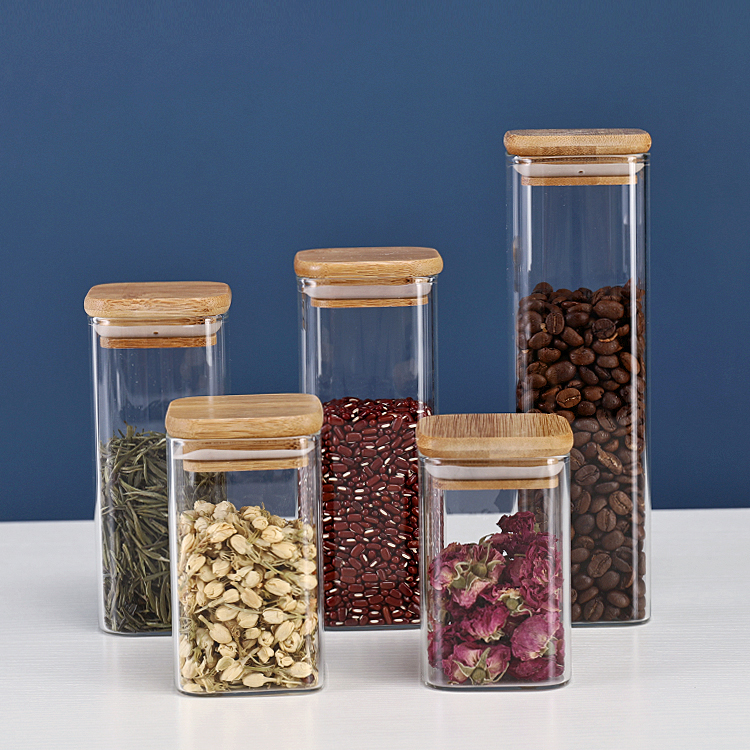 Heat- resistant Square borosilicate Glass storage Jar With Bamboo wooden Lid