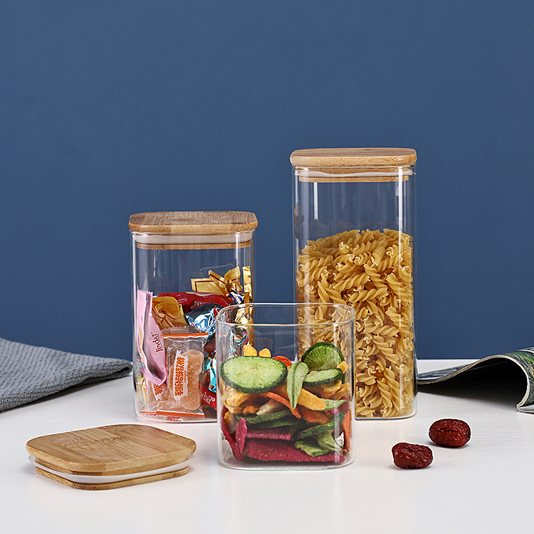 Heat- resistant Square borosilicate Glass storage Jar With Bamboo wooden Lid