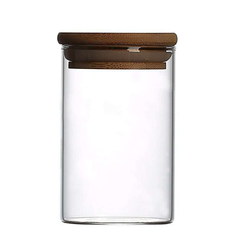 Heat resistant clear round glassware airtight sealed custom size kitchen food large 1000ml containers wood lid glass jar storage